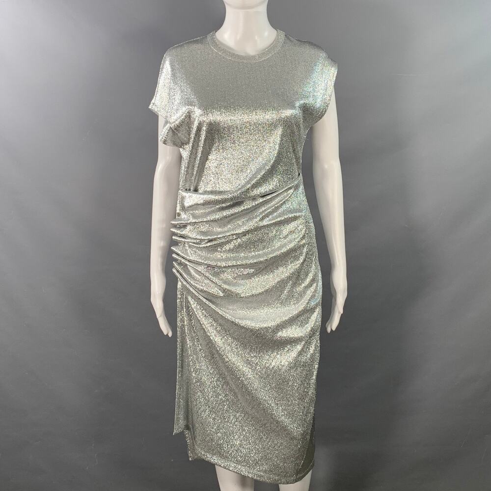 PACO RABANNE 4 Silver Viscose Blend Cap Sleeves Asymmetrical Midi Cocktail Dress
